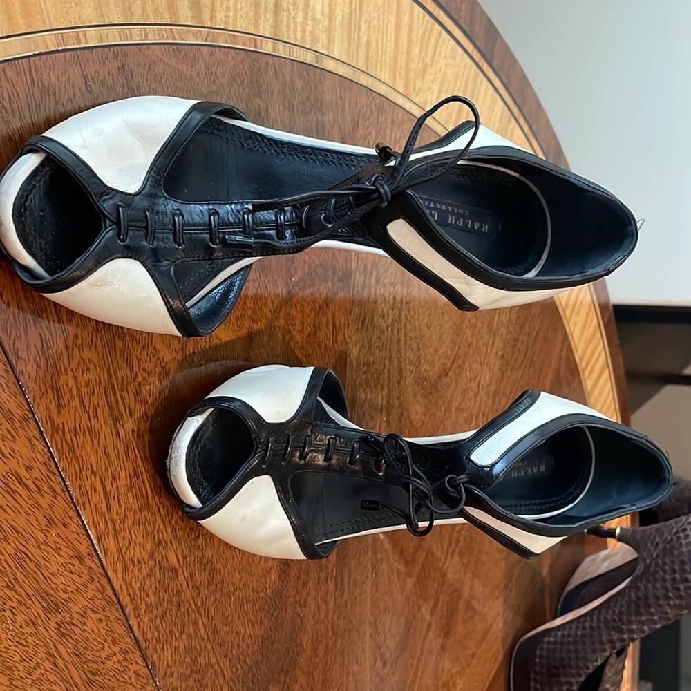 Ralph Lauren black and white heels. Laces. Very Worn. Size 8. Made in Italy.
